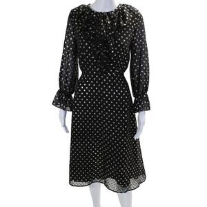 Mignon Doo Womens Back Zip Long Sleeve Metallic Polka Dot Dress Black Size Small